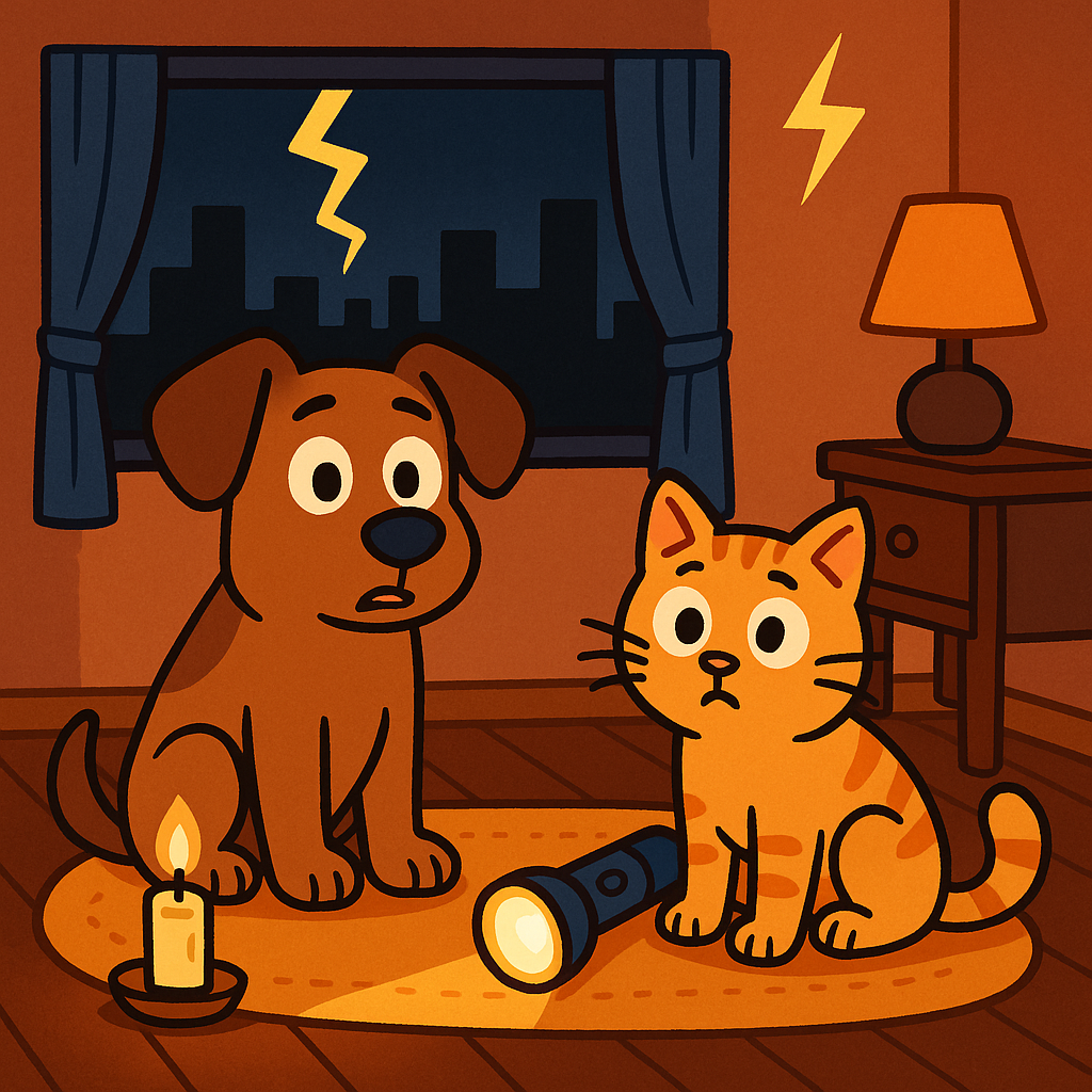 Perro y gato sorprendidos sentados en una alfombra durante un apagón, iluminados por una linterna y una vela en una acogedora sala de estar.