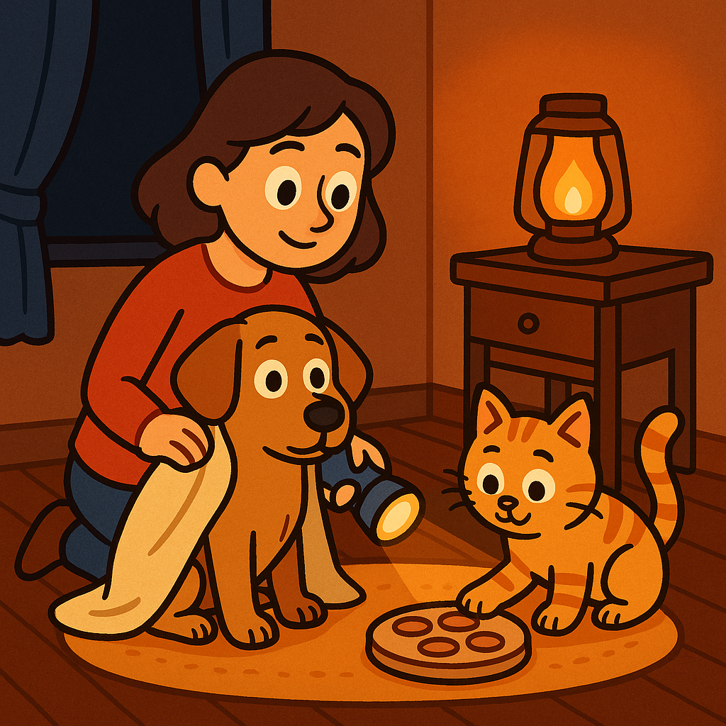 Dueña acariciando a su perro envuelto en una manta, mientras su gato juega cerca, ambos iluminados suavemente por una linterna durante un corte de luz.